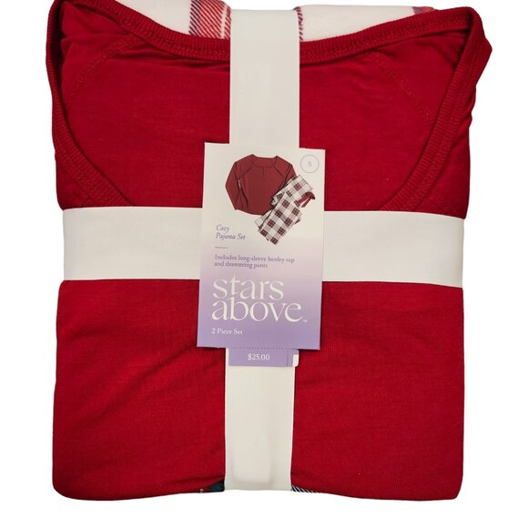 Women's Henley Pajama Gift Set Stars Above Cream Red Tartan Plaid Flannel - Picture 2 of 3